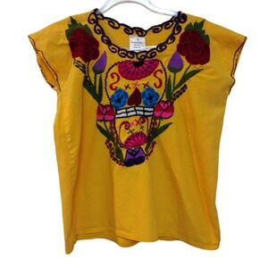 Mexican Blouse Women M Boho Huipil Peasant Yellow Cotton Blouse‎ Embroidered